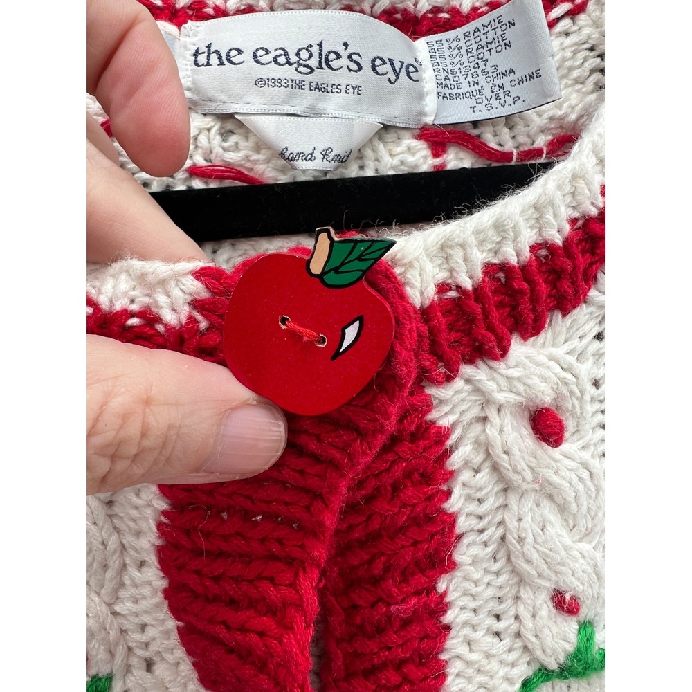 Vintage The Eagle's Eye Hand Knit Teacher School Cardigan Sweater Cream Red 1993 - Picture 3 of 16